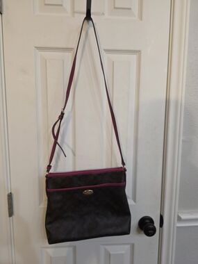 Coach Brown Jacquard Crossbody with Pink Trim